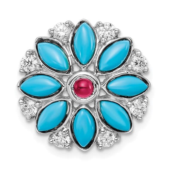 70171 14K WHITE GOLD MARQUISE TURQUOISE AND SYNTHETIC RUBY CENTER WITH WHITE TOPAZ CLUSTER FLORAL DESIGN PENDANT SET
