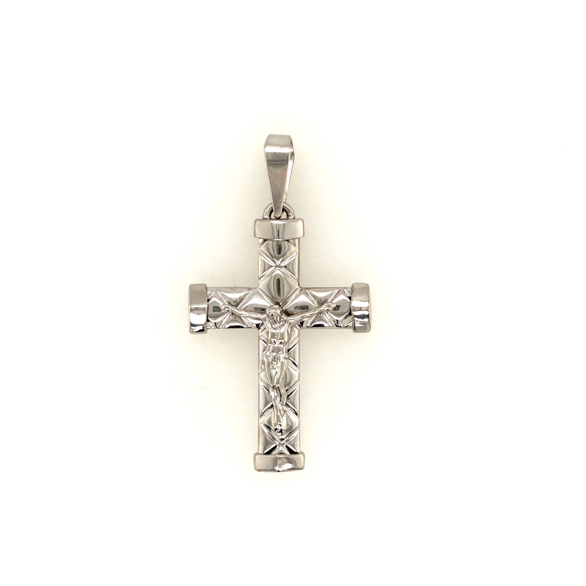 77010 14K WHITE GOLD X DESIGN SQUARE CAP EDGED CRUCIFIX 1.75’’