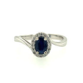 40162 10K WHITE GOLD OVAL SAPPHIRE AND DIAMOND HALO RING