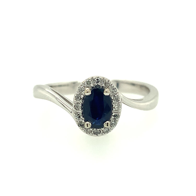 40162 10K WHITE GOLD OVAL SAPPHIRE AND DIAMOND HALO RING