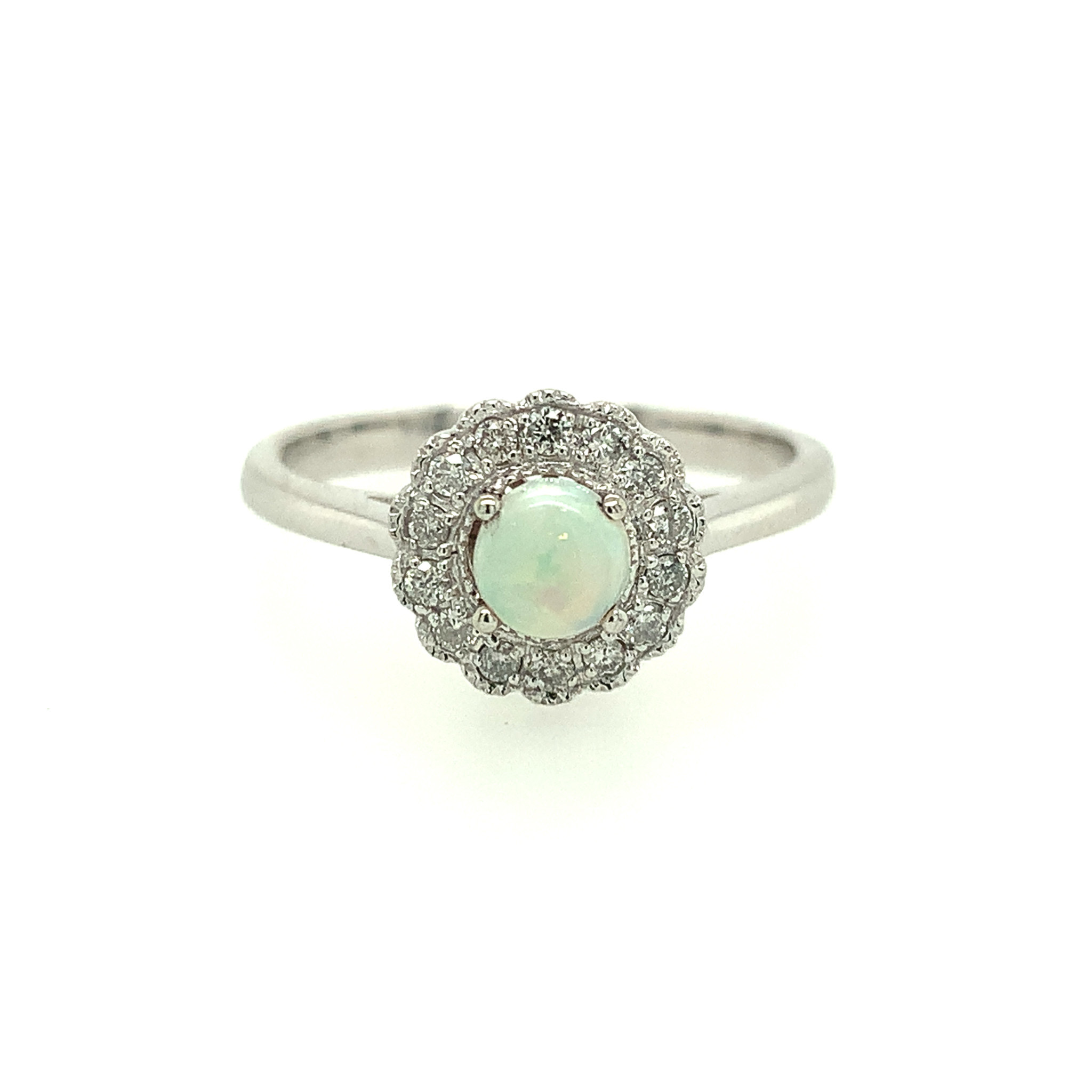 40166 10K WHITE GOLD ROUND OPAL DIAMOND FLOWER HALO RING