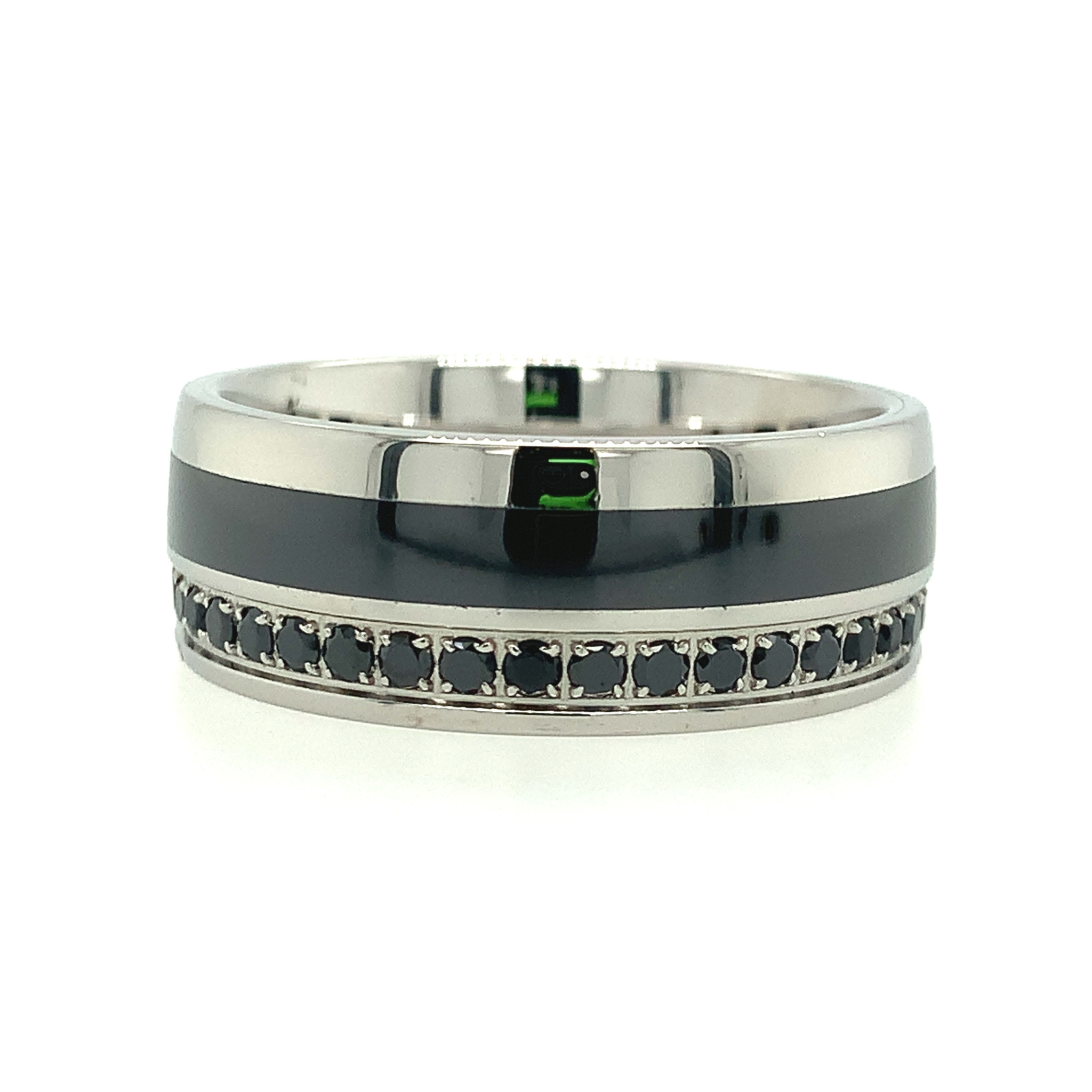 90093 STAINLESS STEEL BLACK ENAMEL BLACK CUBIC ZIRCONIA WEDDING BAND
