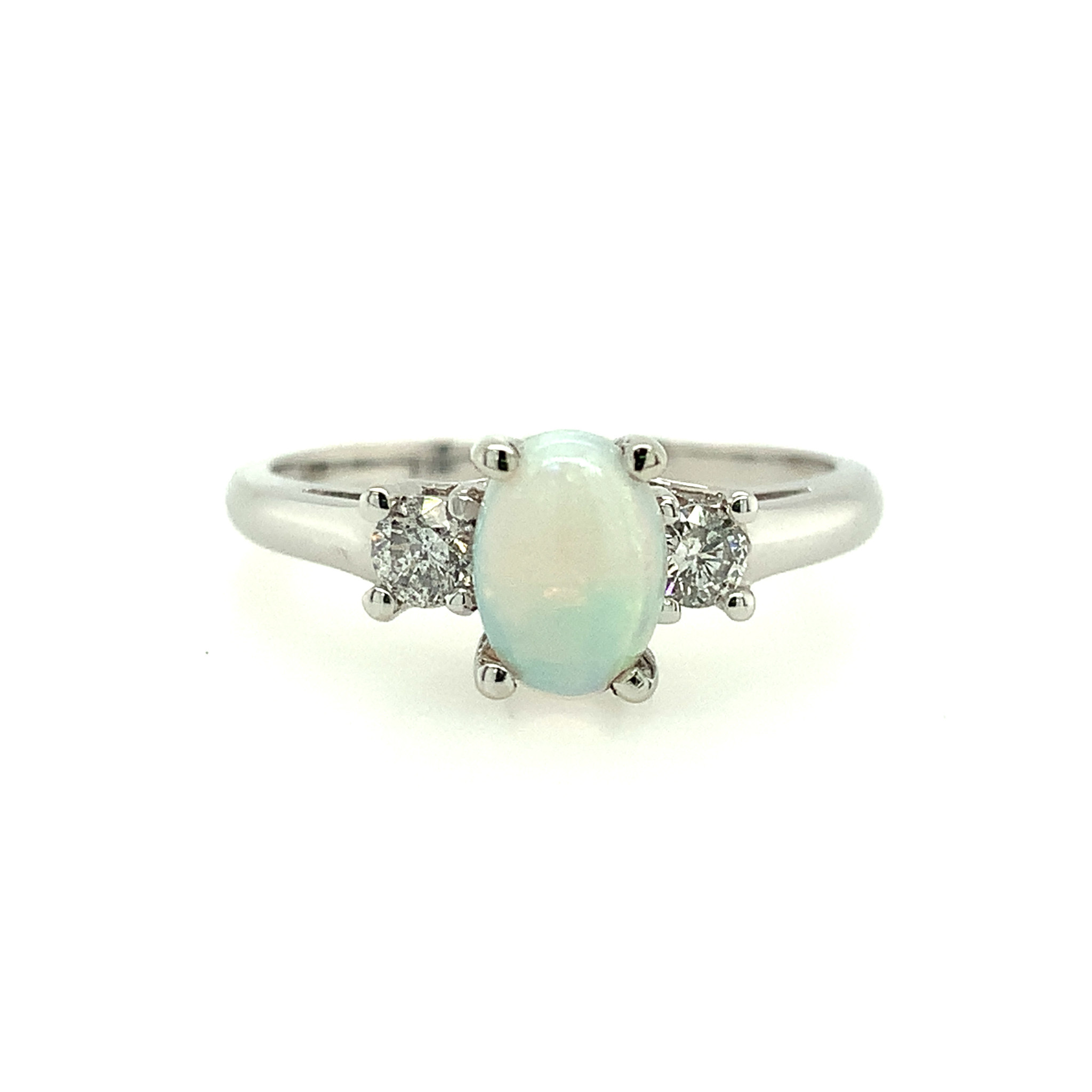 40167 10K WHITE GOLD OVAL OPAL WITH TWO DIAMONDS ON SIDES RING 40167 10K WHITE GOLD OVAL OPAL WITH TWO DIAMONDS ON SIDES RING