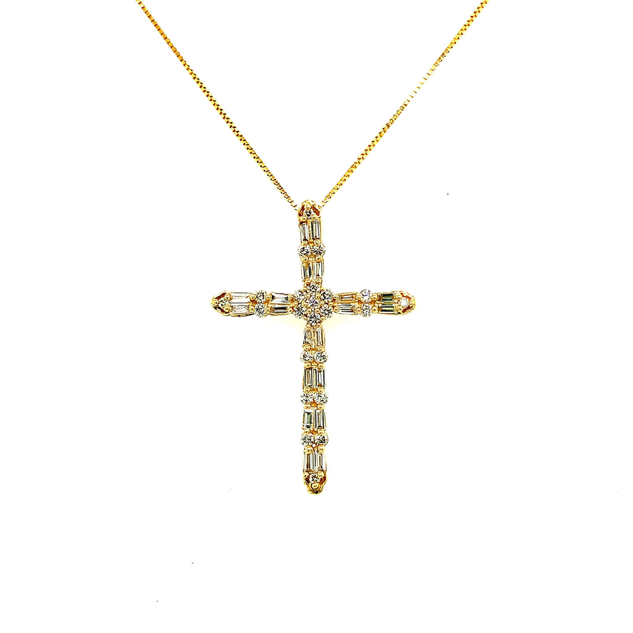 70175 14K YELLOW GOLD .62TCW FLORAL CENTER BAGUETTE DIAMOND CROSS SET
