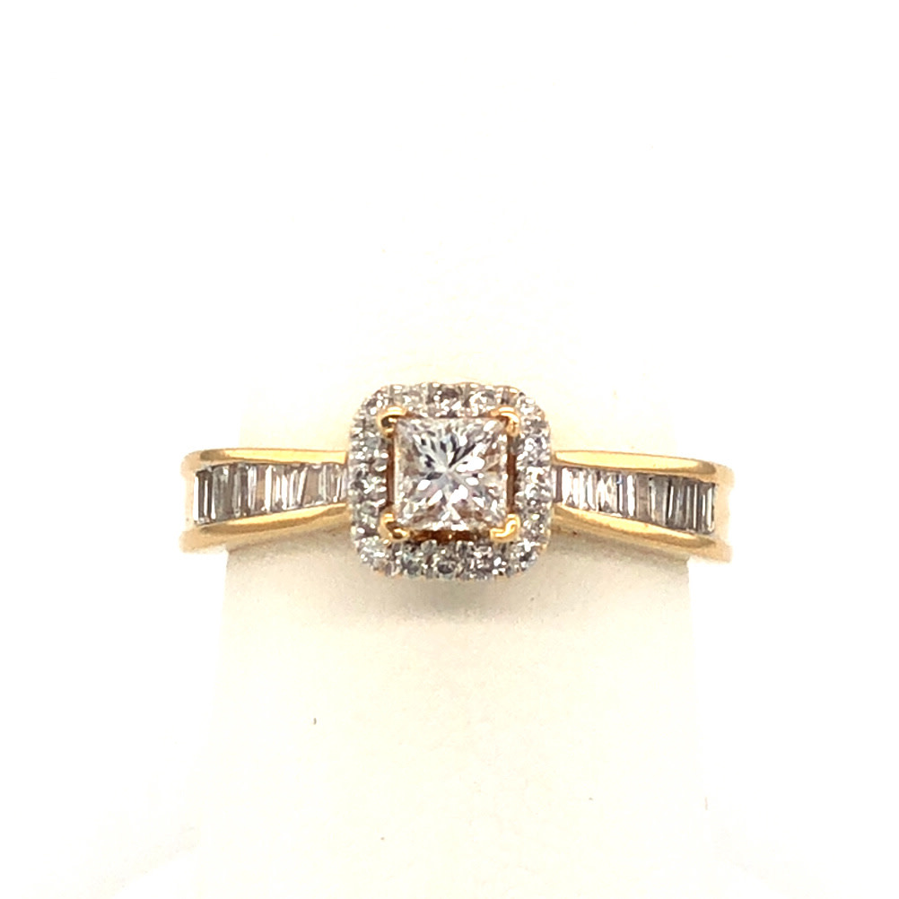 477694 14K YELLOW GOLD .93TCW PRINCESS CUT CENTER WITH HALO AND CHANNEL SET BAGUETTE DIAMOND SHANK ENGAGEMENT RING