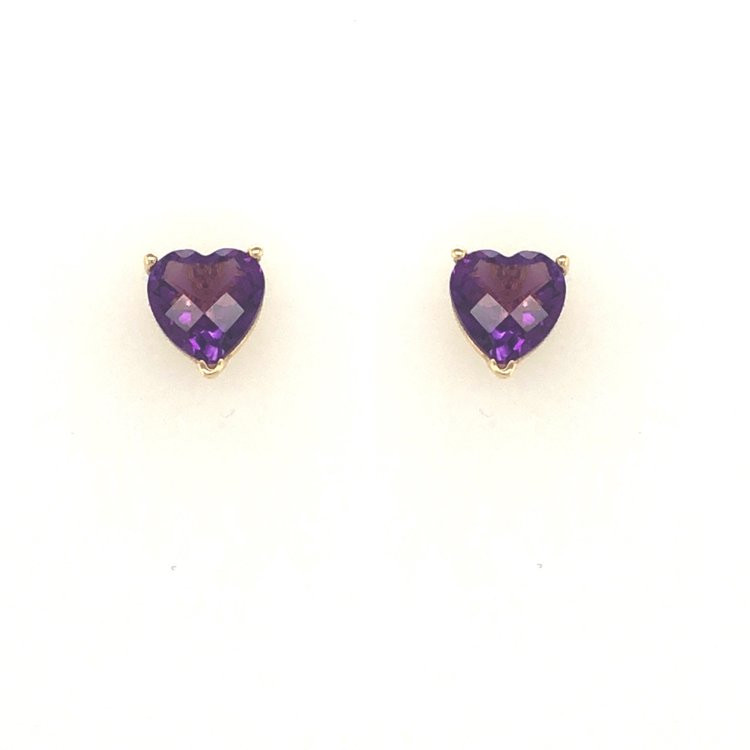 30504 14K YELLOW GOLD HEART SHAPE AMETHYST  CHECKERBOARD CUT 8MM STUDS