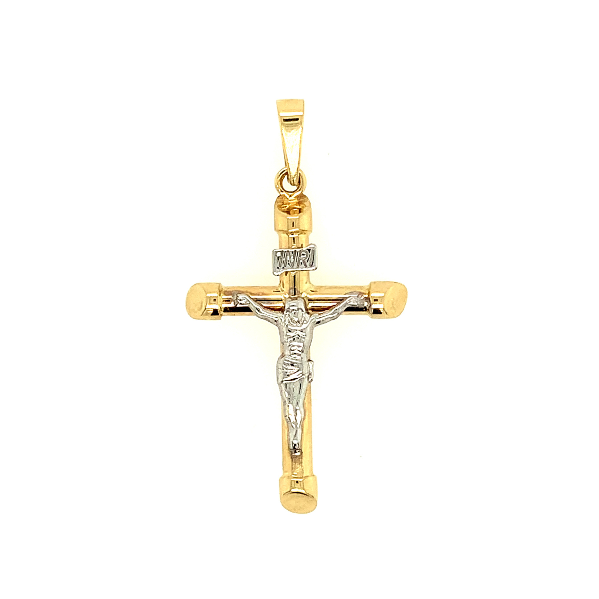 77204 14K 2 TONE 1.25" SLANTED EDGE CAP TUBE CRUCIFIX