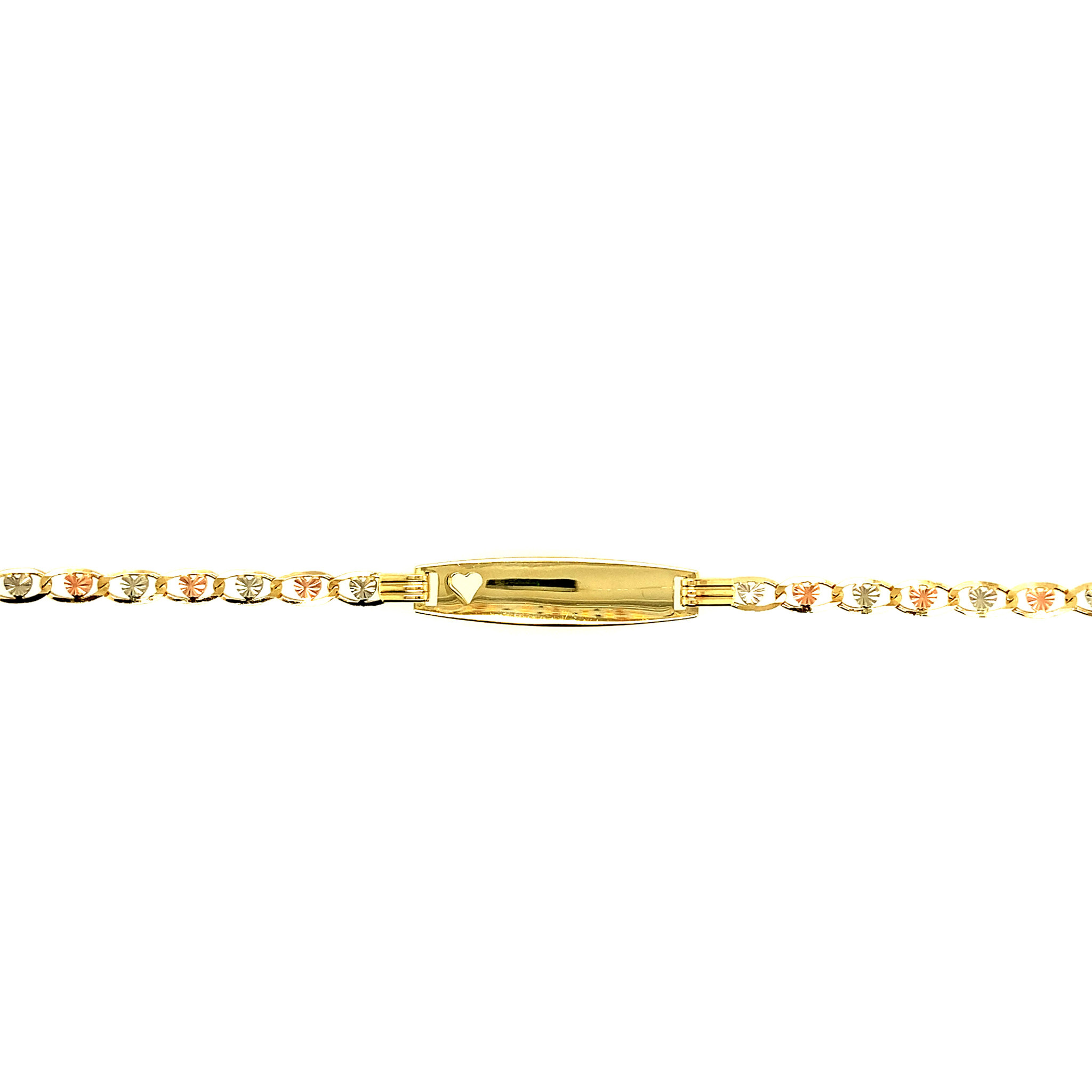 20131 14K TRICOLOR 3.5MM 6" DIAMOND CUT HEART FLAT GUCCI LINK BABY OPEN HEART NAME ID BRACELET