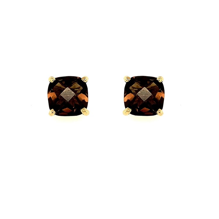 30646 14K YELLOW GOLD 8MM CUSHION CUT SMOKY TOPAZ EARRING STUDS