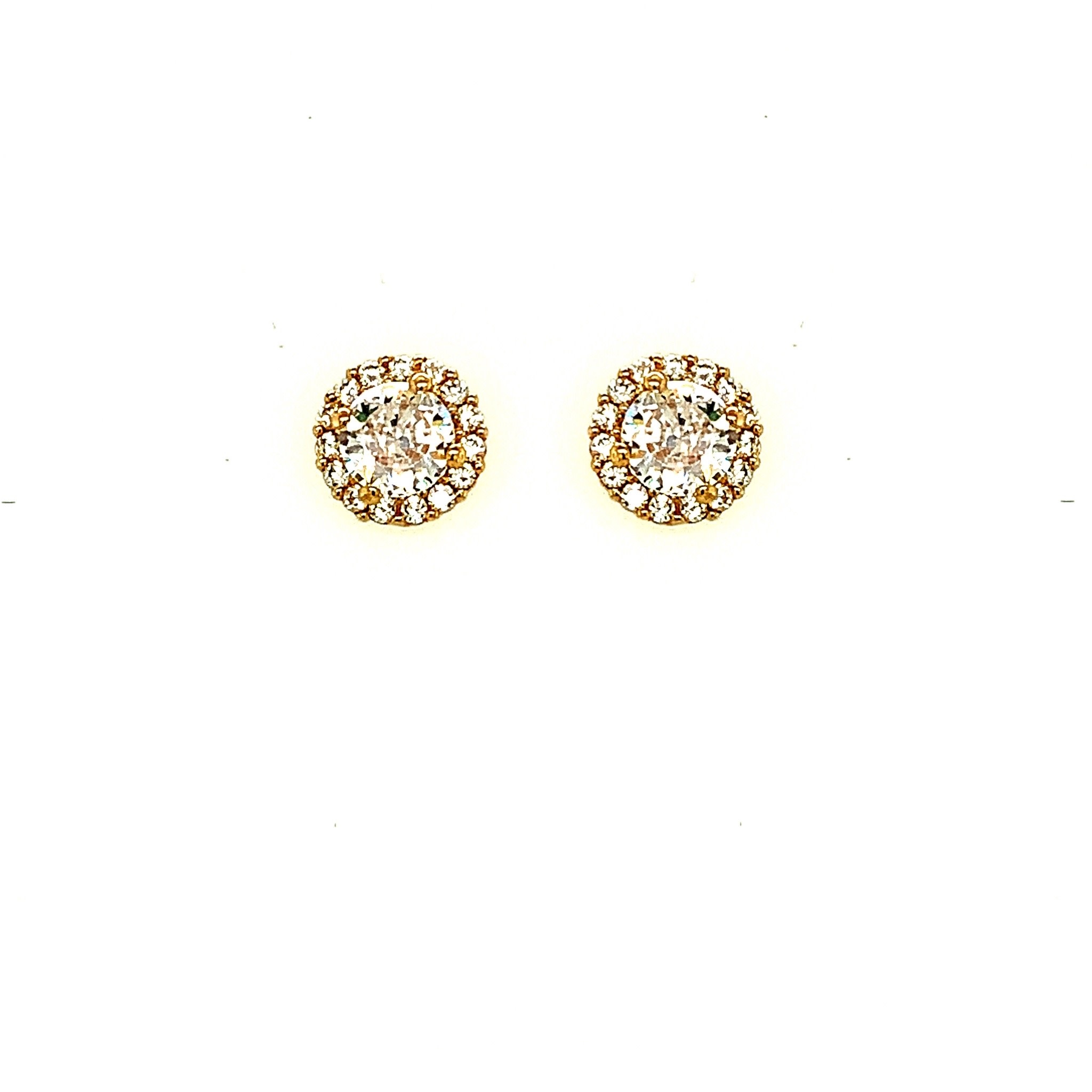 30647 14K YELLOW GOLD 7.5MM ROUND CUBIC ZIRCONIA CENTER WITH HALO PUSH BACK STUDS