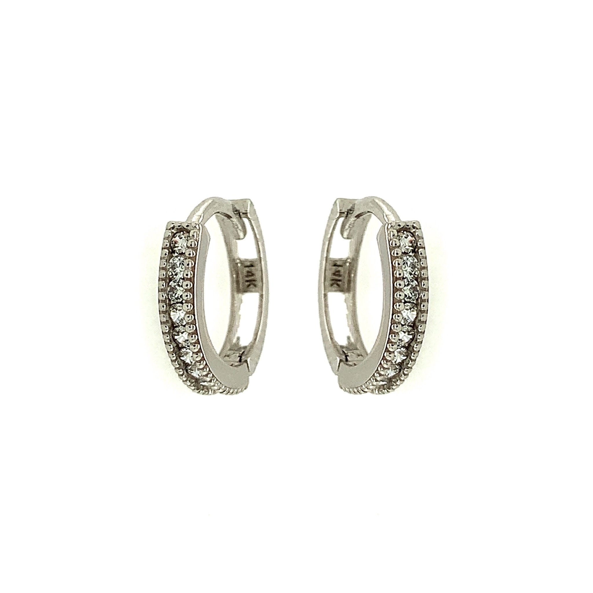 30640 14K WHITE GOLD CUBIC ZIRCONIA MILGRAIN EDGE DESIGN HUGGIES