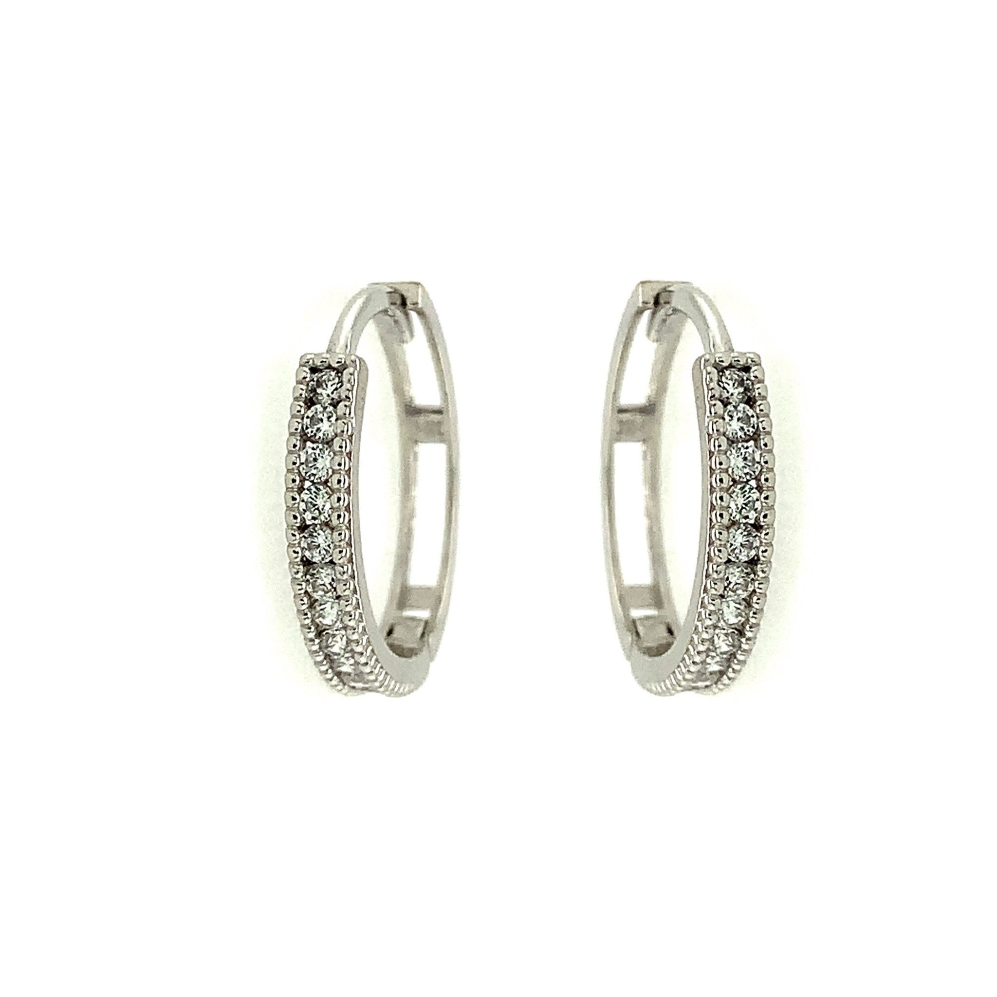 30061 14K WHITE GOLD CUBIC ZIRCONIA MILGRAIN EDGE DESIGN HUGGIES
