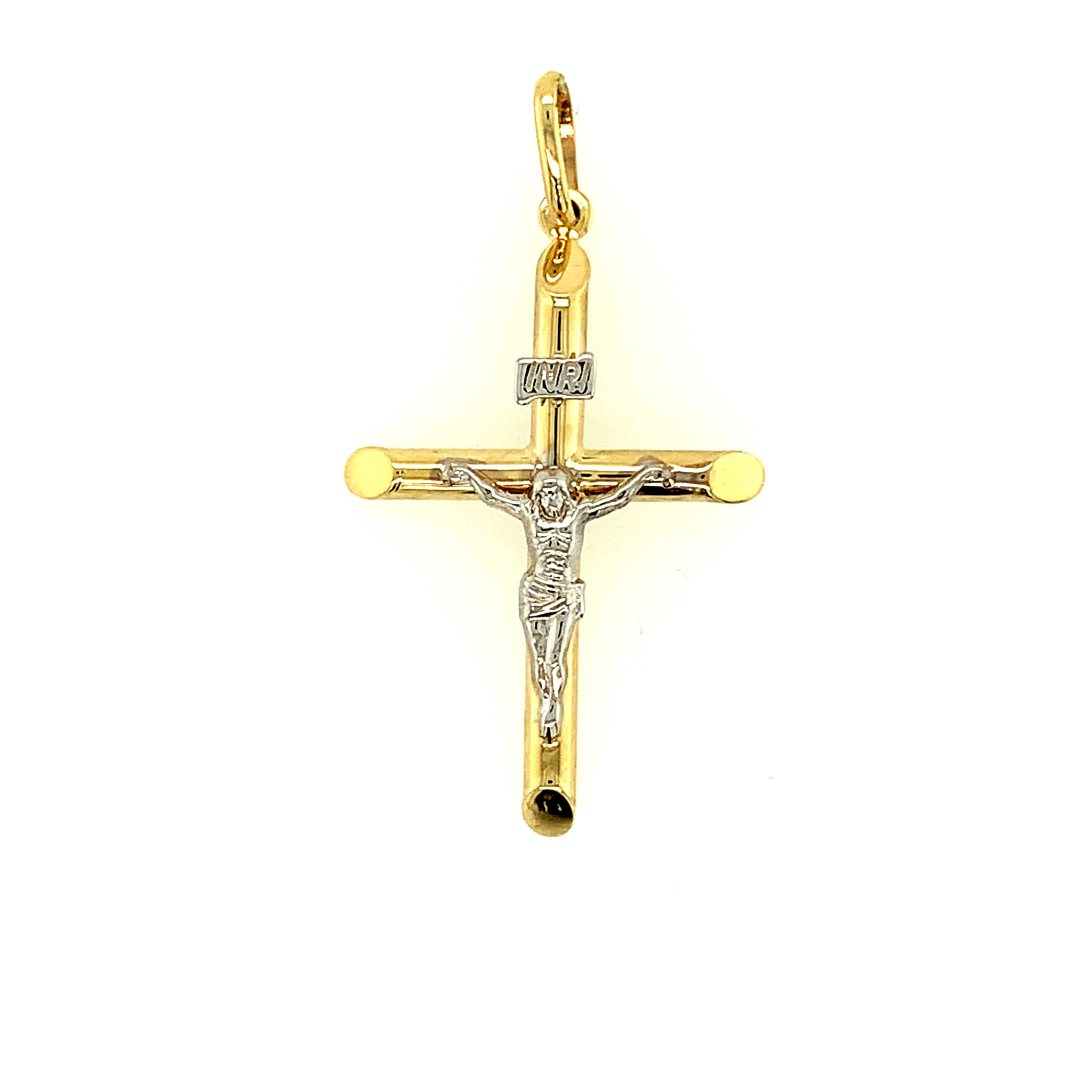 77124 14K 2 TONE GOLD 1" SLANTED EDGE TRADITIONAL CRUCIFIX