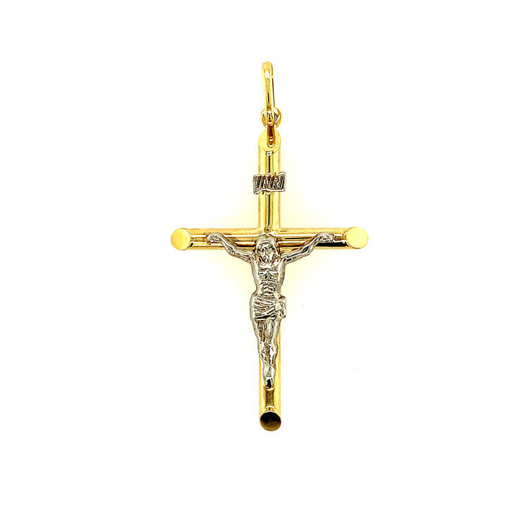 77095 14K TWO TONE SLANTED EDGE TUBE TRADITIONAL CRUCIFIX 1.25 INCH