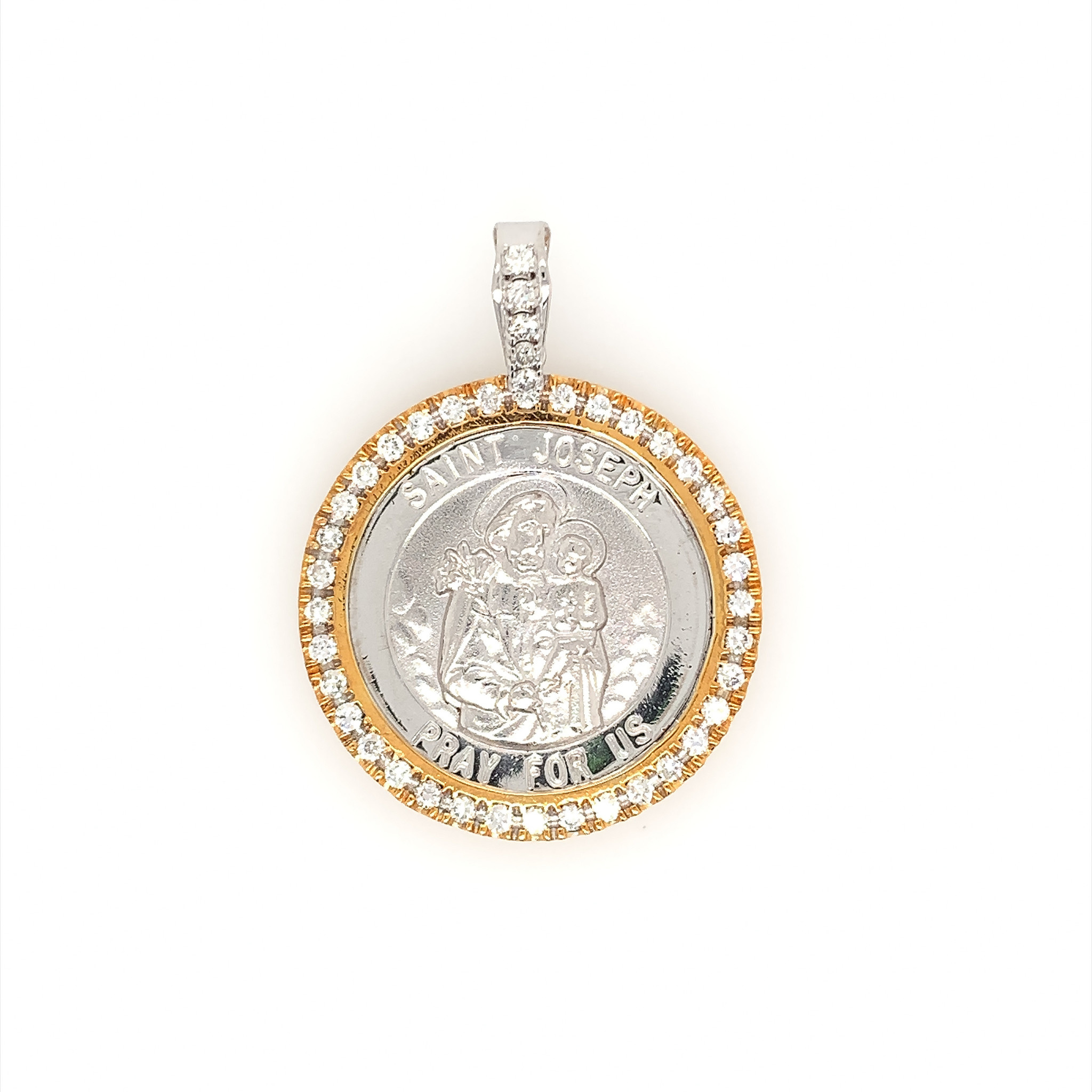 77207 14K 2 TONE SAINT JOSEPH 1 CT DIAMOND BEZEL AND BALE MEDAL