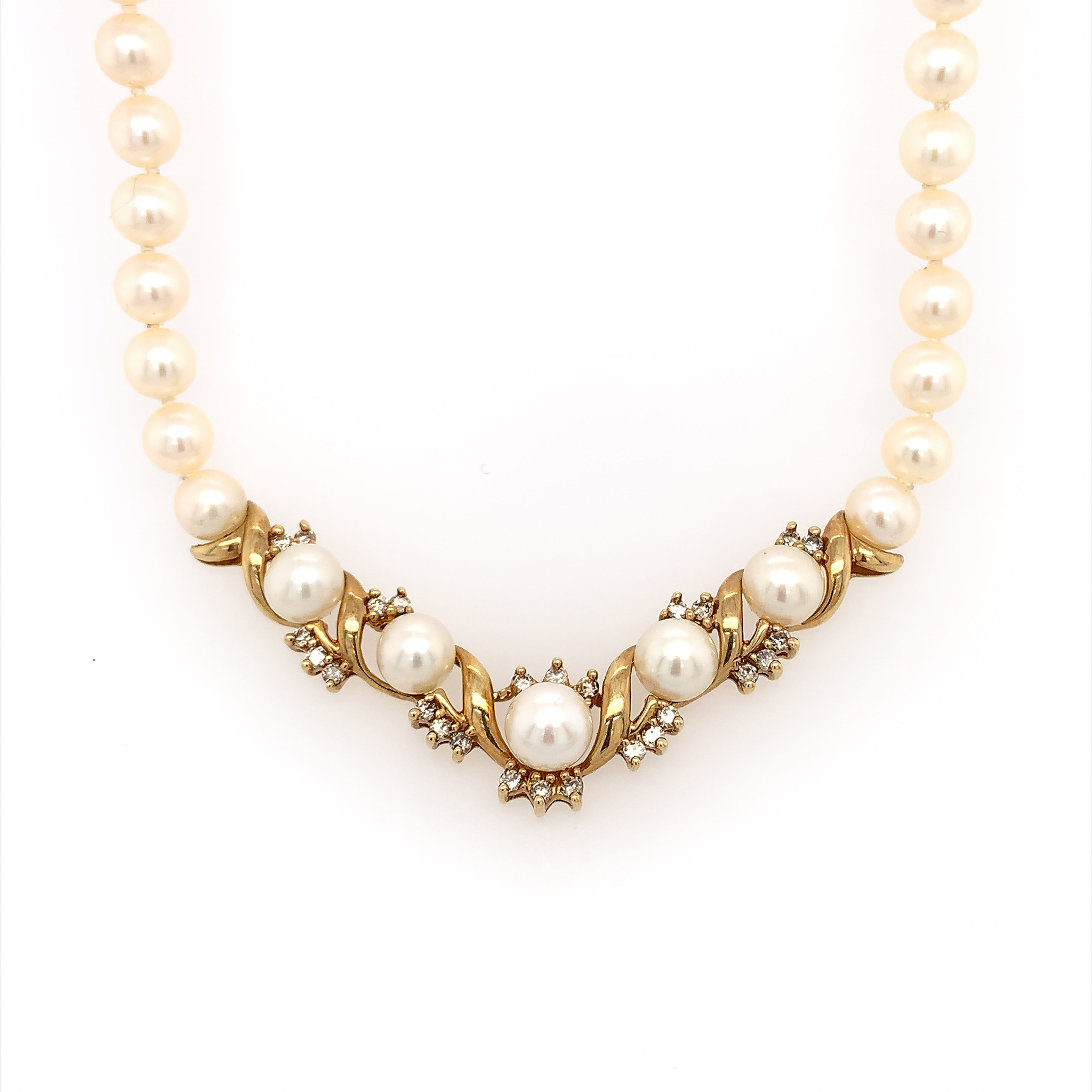 60054 14K YELLOW GOLD FRESHWATER PEARLS BY THE YARD WITH DIAMOND CLUSTER BAR NECKLACE