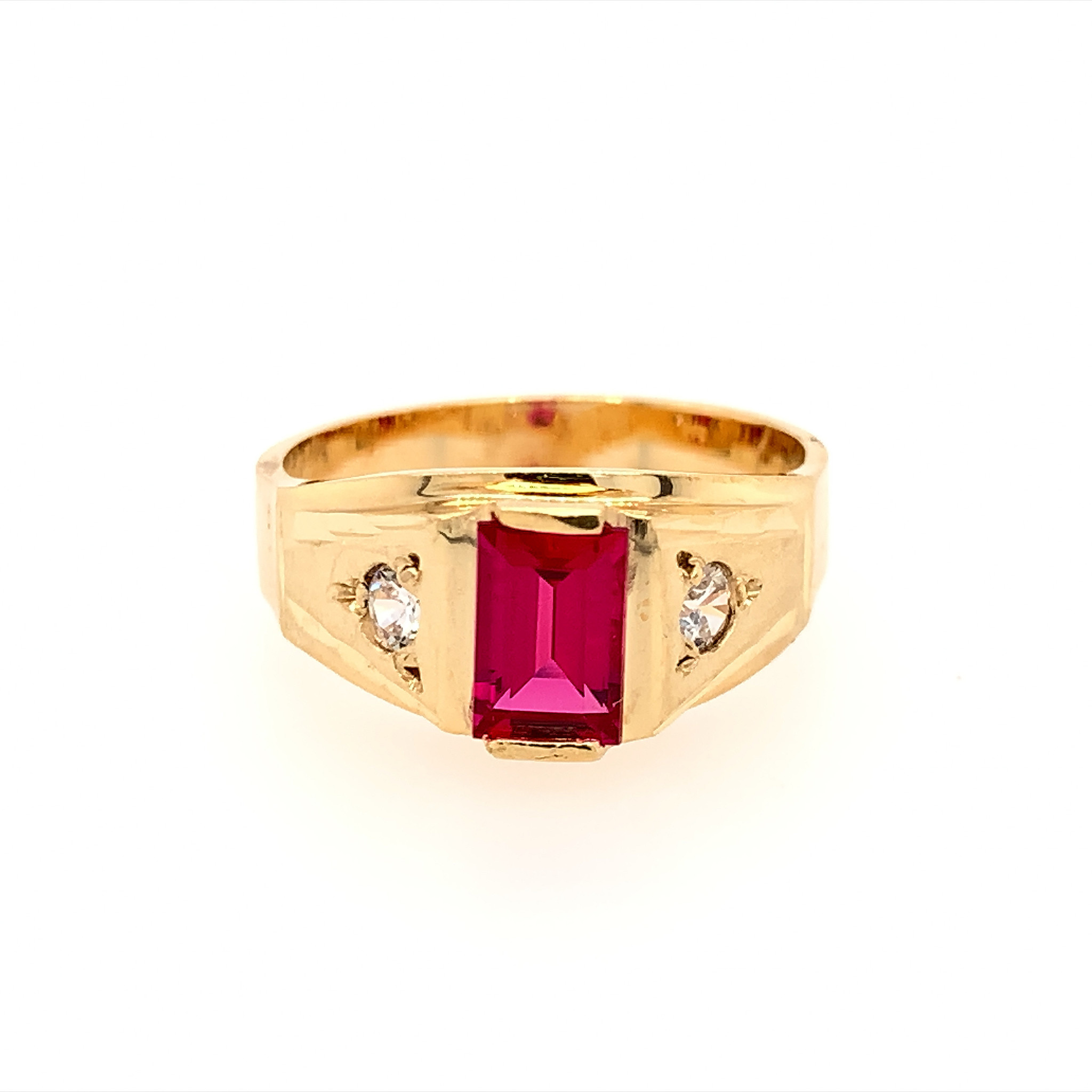 40174 14K YELLOW GOLD SYNTHETIC RUBY EMERALD CUT CENTER WITH CUBIC ZIRCONIA SIDE STONES DIAMOND CUT AND SATIN FINISH SIGNET BABY RING