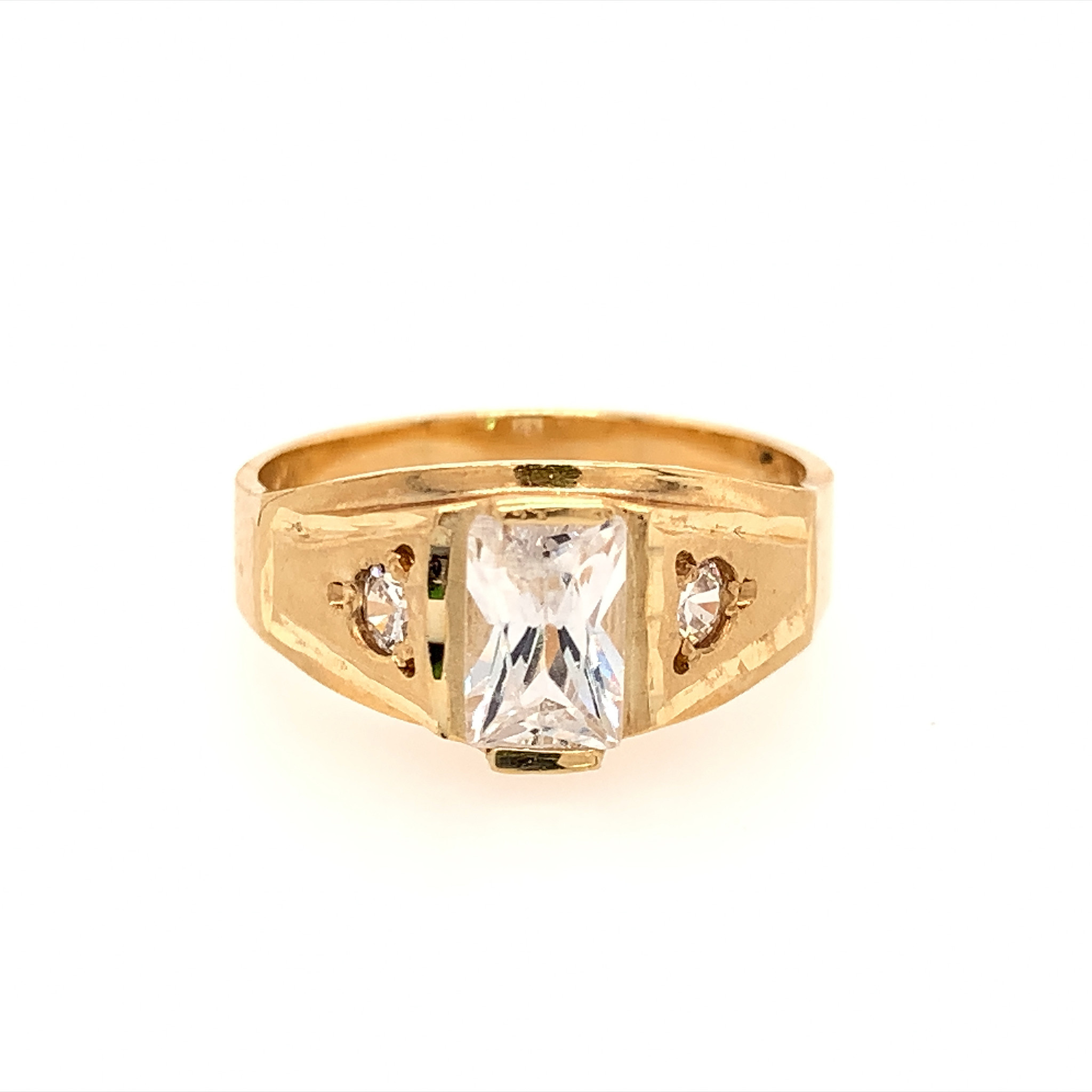 40175 14K YELLOW GOLD EMERALD CUT CENTER WITH CUBIC ZIRCONIA SIDE STONES DIAMOND CUT AND SATIN FINISH SIGNET BABY RING