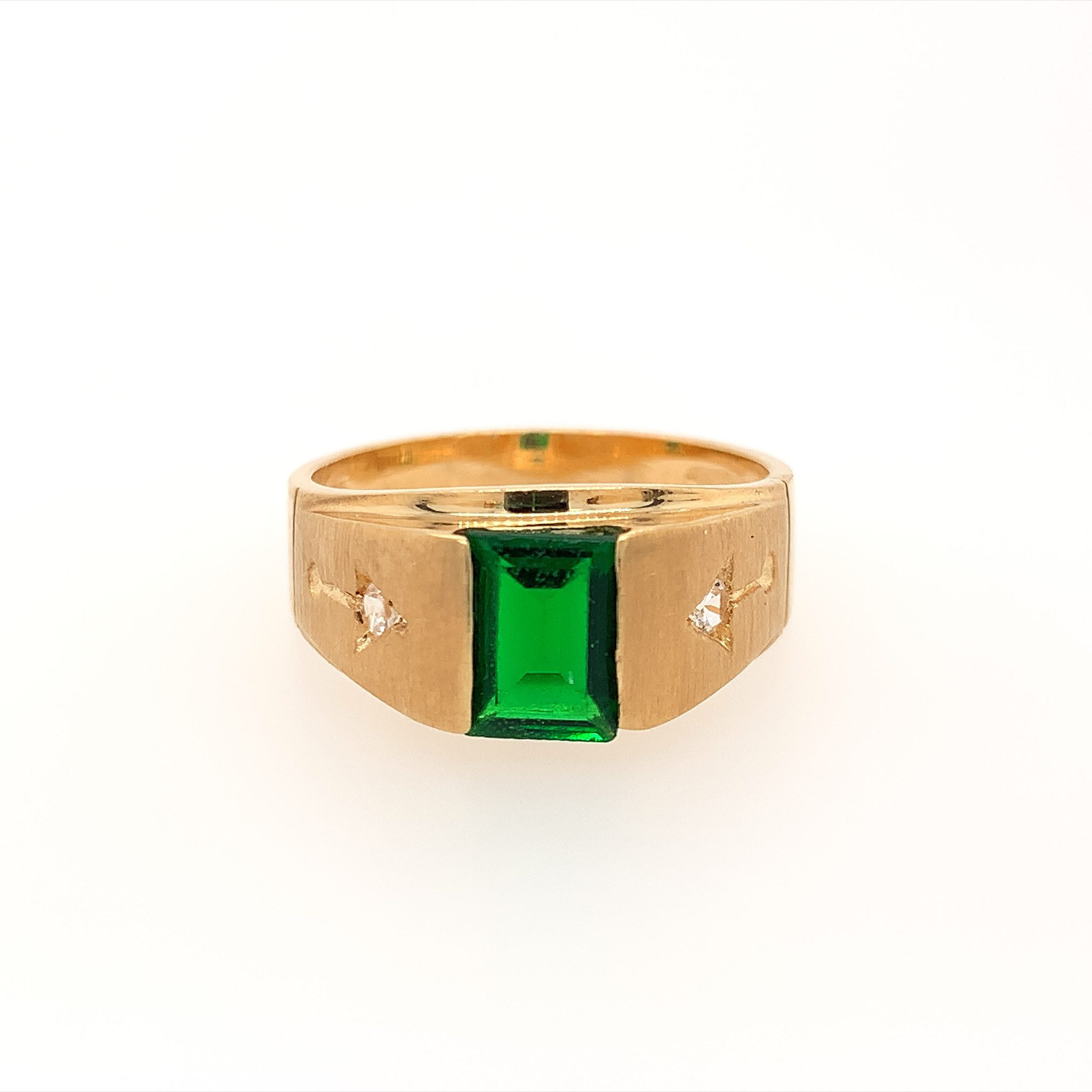 40176 14K YELLOW GOLD SYNTHETIC EMERALD CENTER WITH CUBIC ZIRCONIA SATIN FINISH ARROW DESIGN SIGNET BABY RING