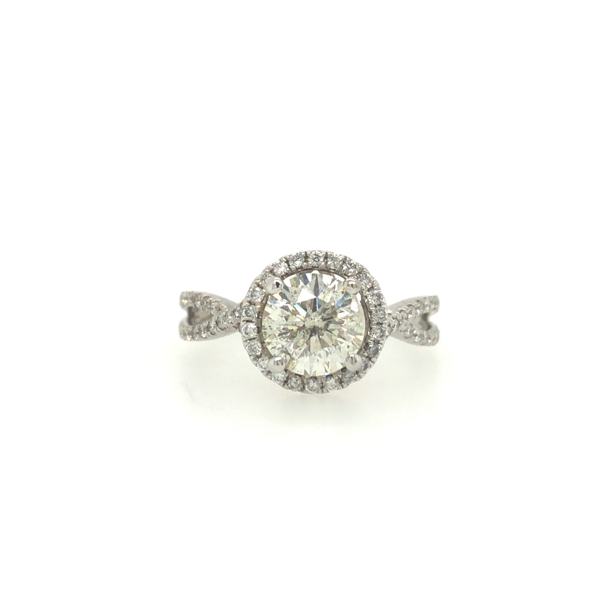 475141 14K WHITE GOLD 1.30 CT K I1 ROUND DIAMOND CENTER WITH .35TCW HALO AND INFINITY DESIGN SETTING ENGAGEMENT RING