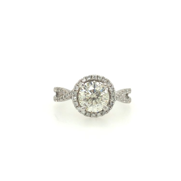 475141 14K WHITE GOLD 1.30 CT K I1 ROUND DIAMOND CENTER WITH .35TCW  HALO AND INFINITY DESIGN SETTING ENGAGEMENT RING