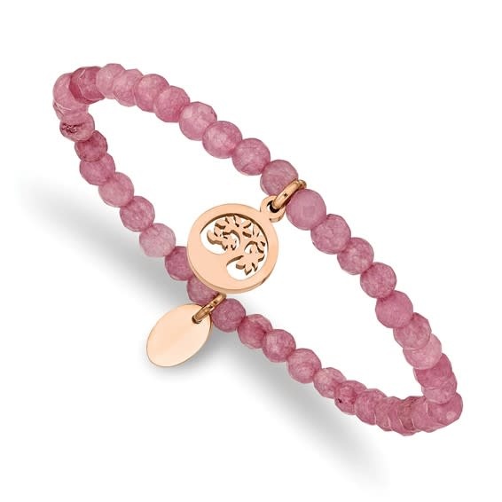 90023 Chisel Stainless Steel Polished Rose IP-plated Tree 4mm Pink Jade Beaded Stretch Bracelet 90023 Chisel Stainless Steel Polished Rose IP-plated Tree 4mm Pink Jade Beaded Stretch Bracelet