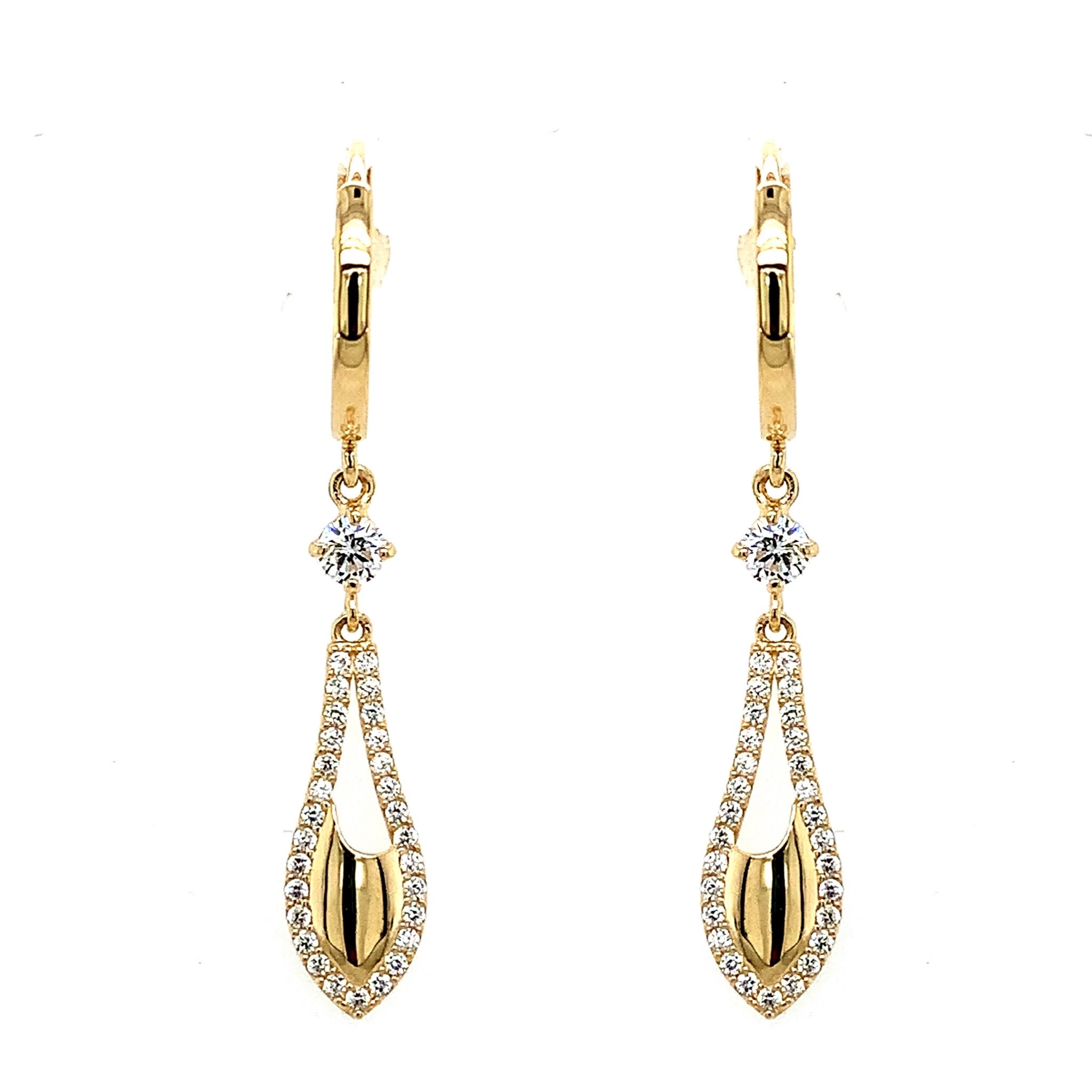 30672 14K YELLOW GOLD CUBIC ZIRCONIA BORDER TEAR DROP HANGING HUGGIES