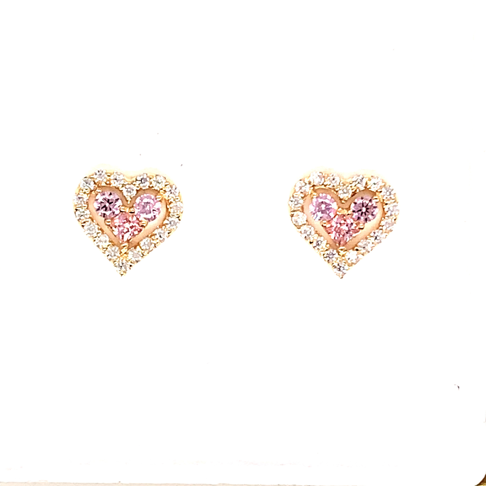 30655 14K YELLOW GOLD TRIPLE PINK CENTER WITH CUBIC ZIRCONIA HALO HEART SCREW BACK STUDS