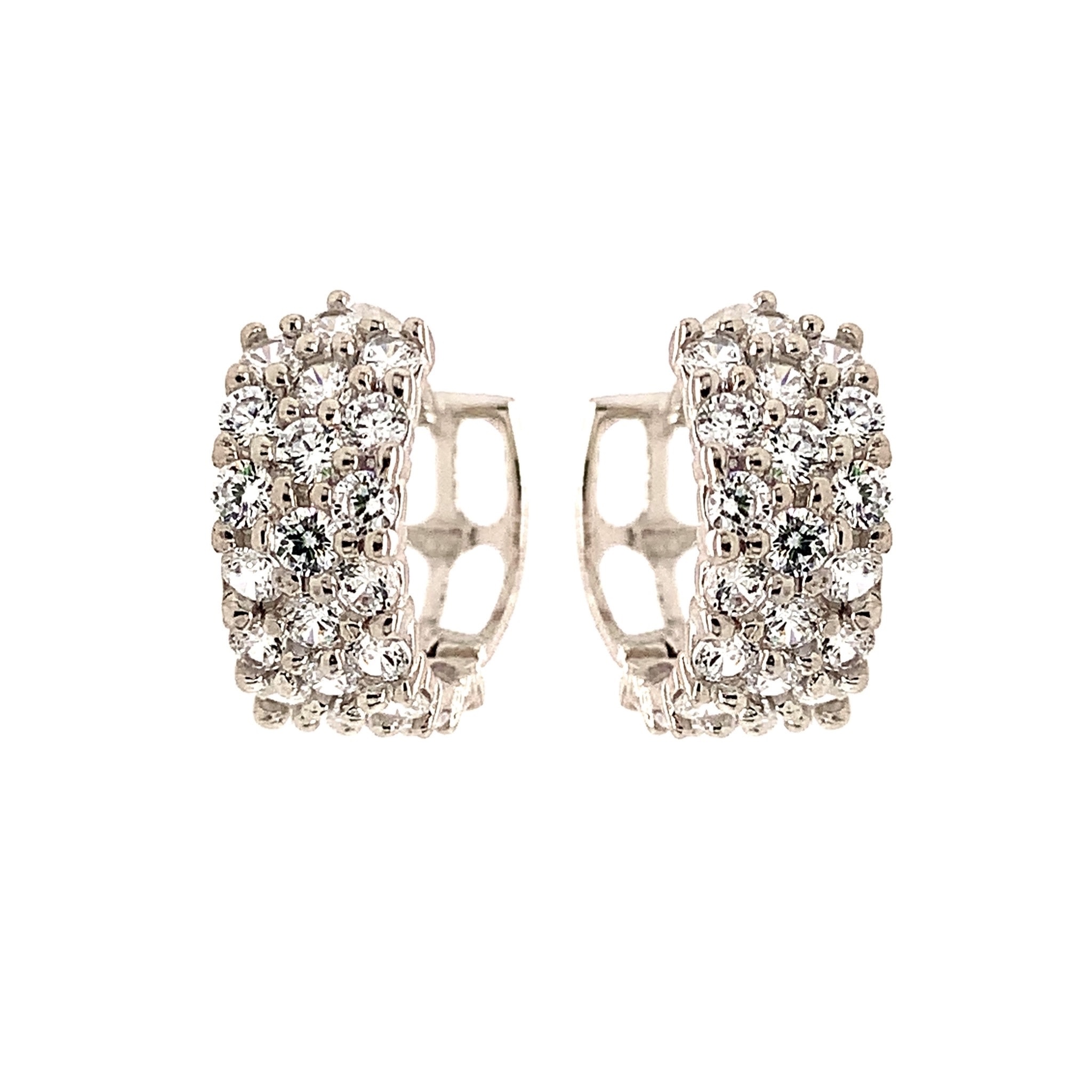 30671 14K WHITE GOLD 3 ROW CUBIC ZIRCONIA CLUSTER HUGGIES