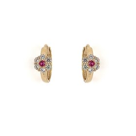 30663 14K YELLOW GOLD RUBY CUBIC ZIRCONIA CENTER FLOWER HUGGIES
