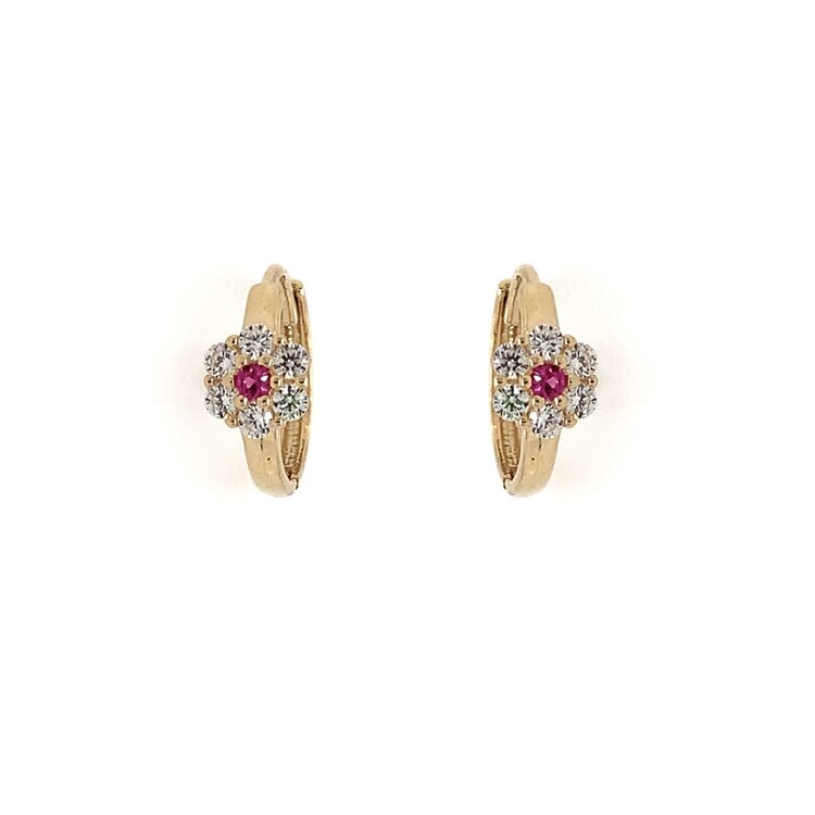 30663 14K YELLOW GOLD RUBY CUBIC ZIRCONIA CENTER FLOWER HUGGIES