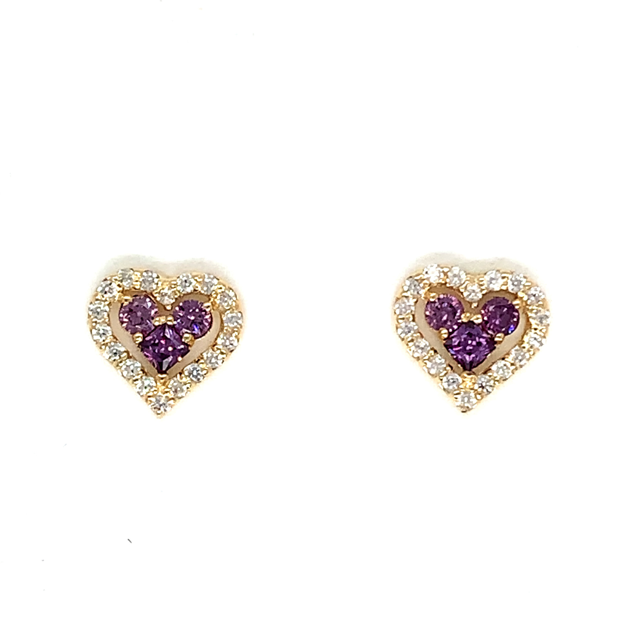 30674 14K YELLOW GOLD TRIPLE PURPLE CENTER WITH CUBIC ZIRCONIA HALO HEART SCREW BACK STUDS