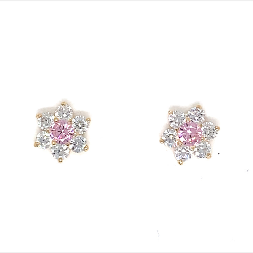 30661 14K YELLOW GOLD PINK CUBIC ZIRCONIA CLUSTER FLOWER SHAPE SCREW BACK STUDS