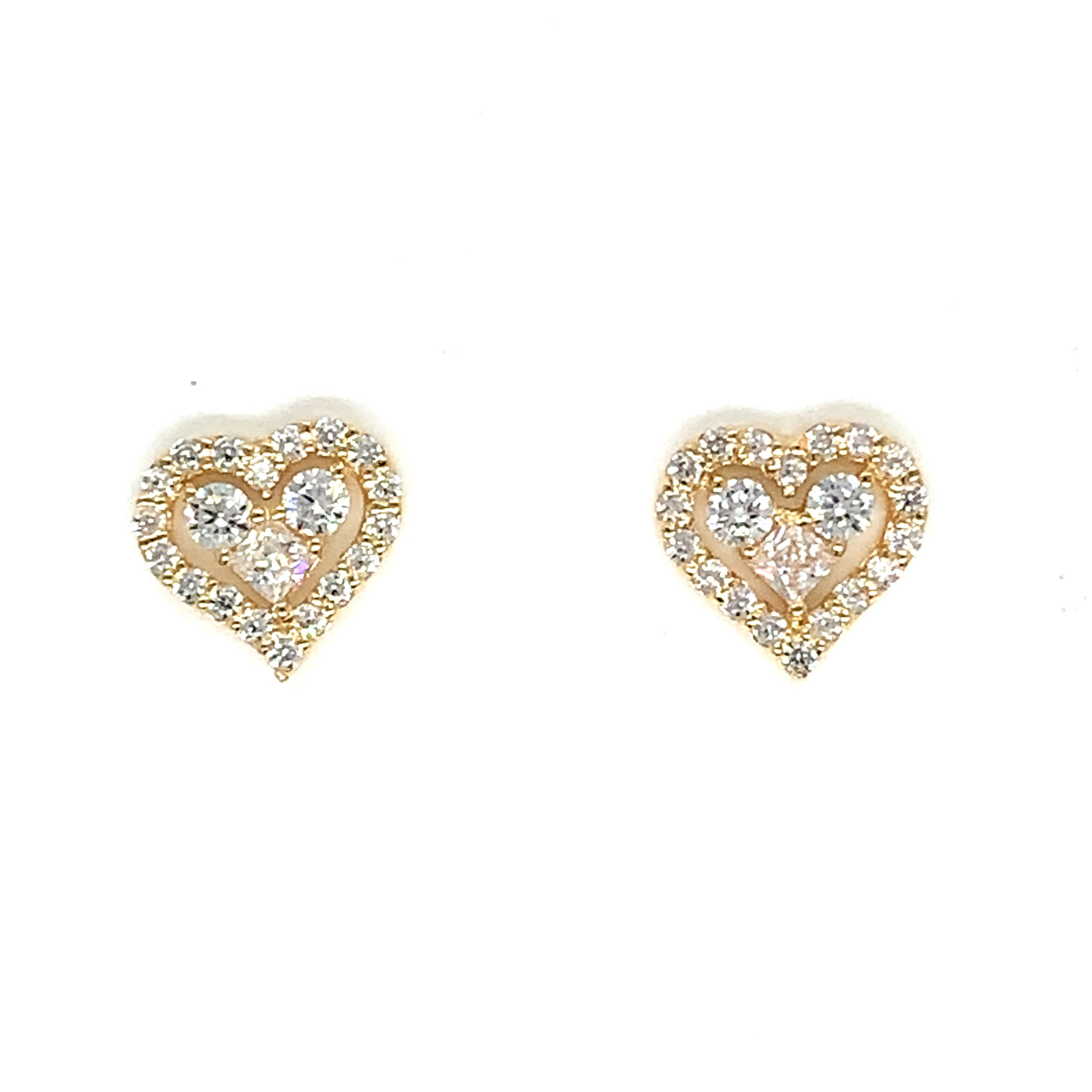 30656 14K YELLOW GOLD TRIPLE STONE CENTER WITH CUBIC ZIRCONIA HALO HEART SCREW BACK STUDS