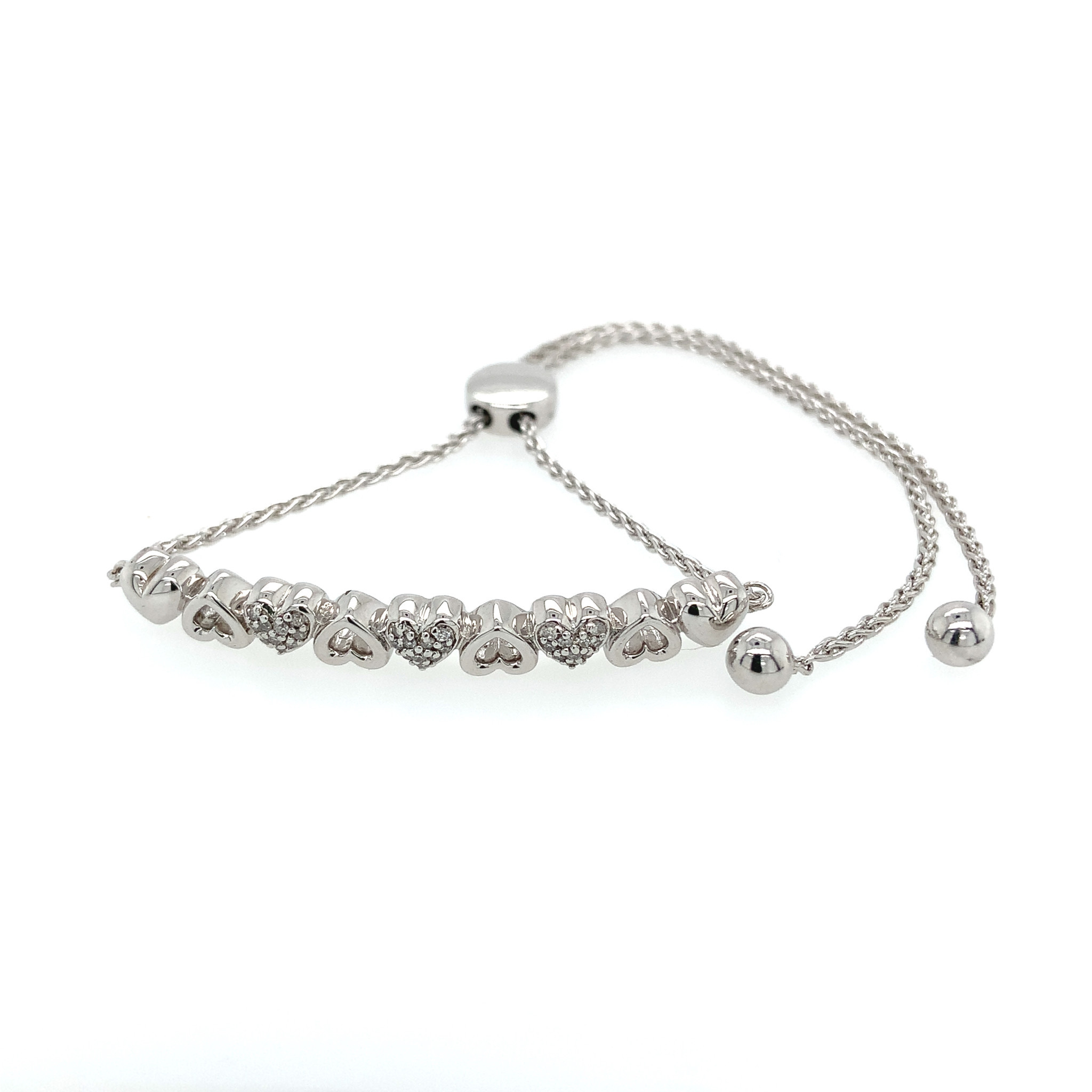 80047 STERLING SILVER OPEN HEART AND PAVE SET 0.13TCW DIAMOND HEART BAR ADJUSTABLE BOLO BRACELET 80047 STERLING SILVER OPEN HEART AND PAVE SET 0.13TCW DIAMOND HEART BAR ADJUSTABLE BOLO BRACELET