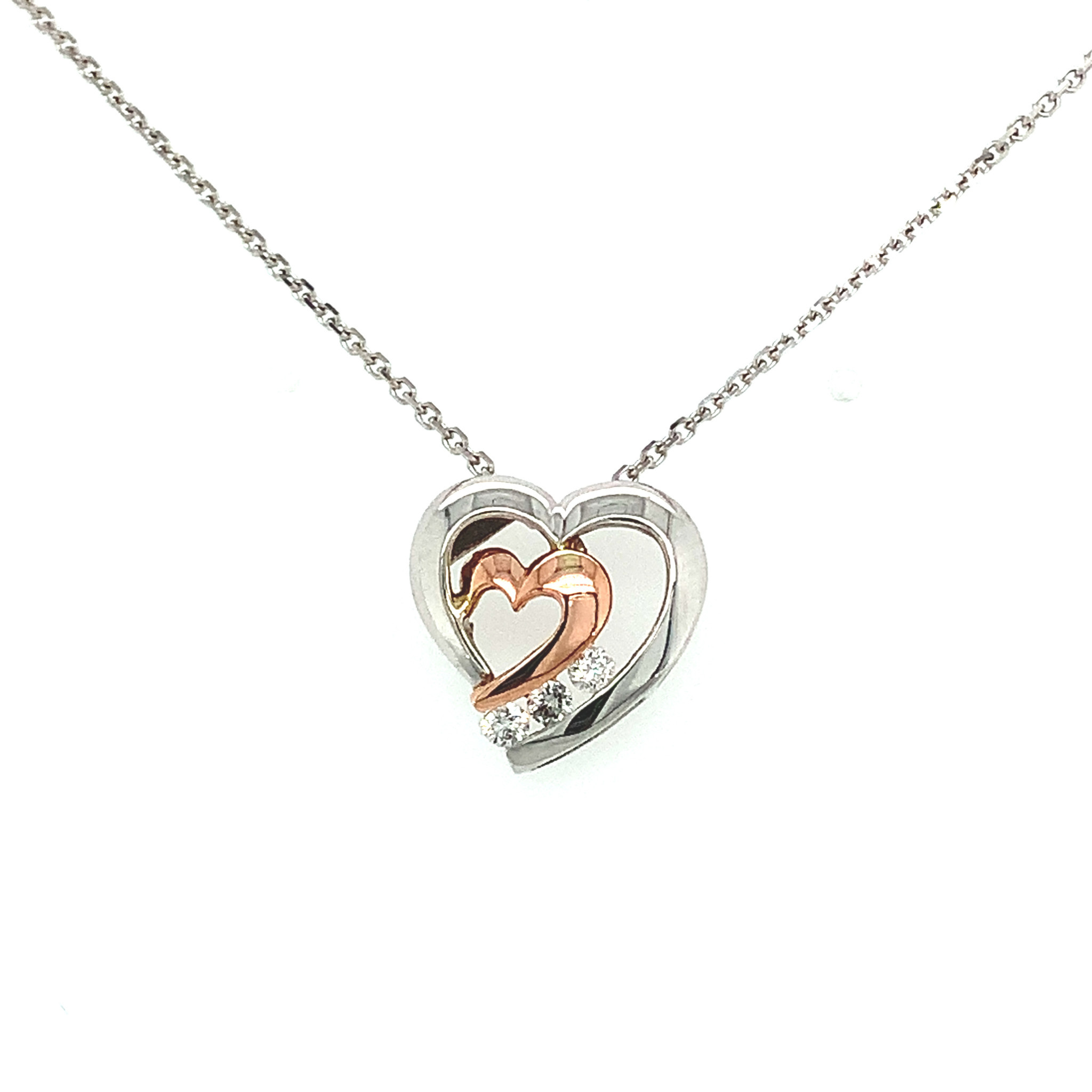 70179 10K 2 TONE DOUBLE HEART 3 DIAMOND .10TCW PENDANT SET