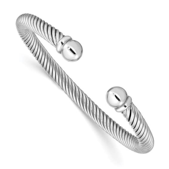 80049 STERLING SILVER TWISTED BALL END CAP 5MM CUFF BANGLE 80049 STERLING SILVER TWISTED BALL END CAP 5MM CUFF BANGLE