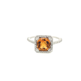 40182 14K WHITE GOLD CITRINE CUSHION CHECKERBOARD CUT .25TCW DIAMOND HALO RING