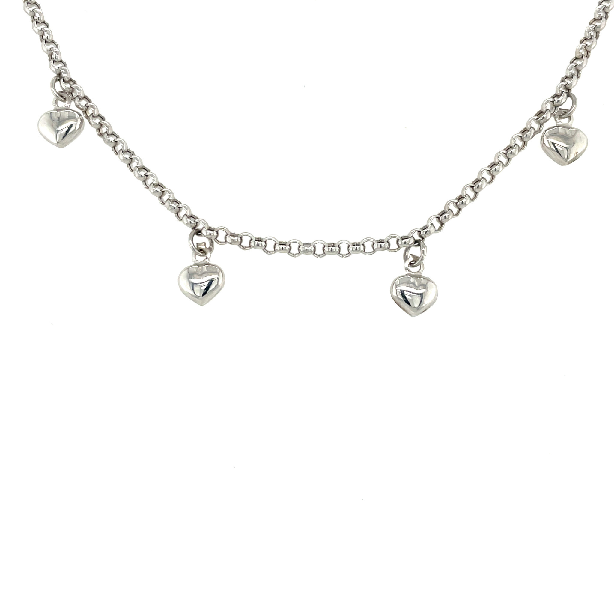 20146 14K WHITE GOLD HANGING PUFFY HEART ROLO LINK 7" BRACELET