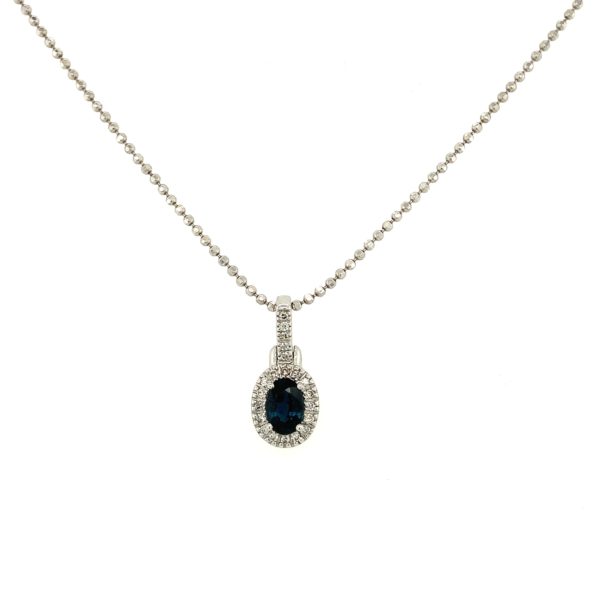 70183 14K WHITE GOLD OVAL SAPPHIRE HALO .15TCW DIAMOND PENDENT SET