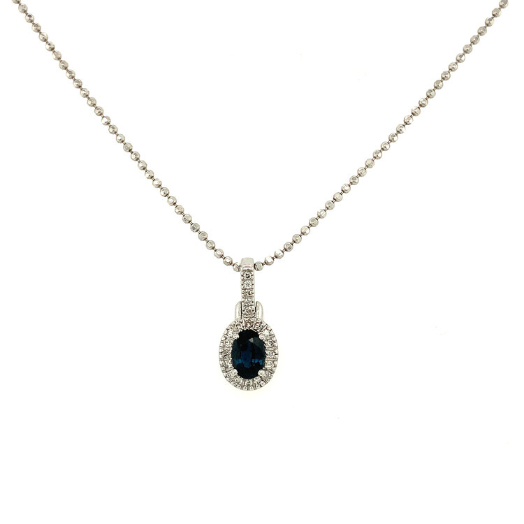 70183 14K WHITE GOLD OVAL SAPPHIRE HALO .15TCW  DIAMOND PENDANT SET