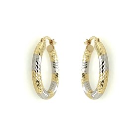 30696 14K TWO TONE 1.2" 3MM DIAMOND CUT HOOPS