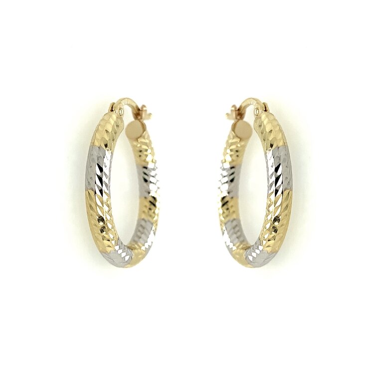 30696 14K TWO TONE 1.2" 3MM DIAMOND CUT HOOPS
