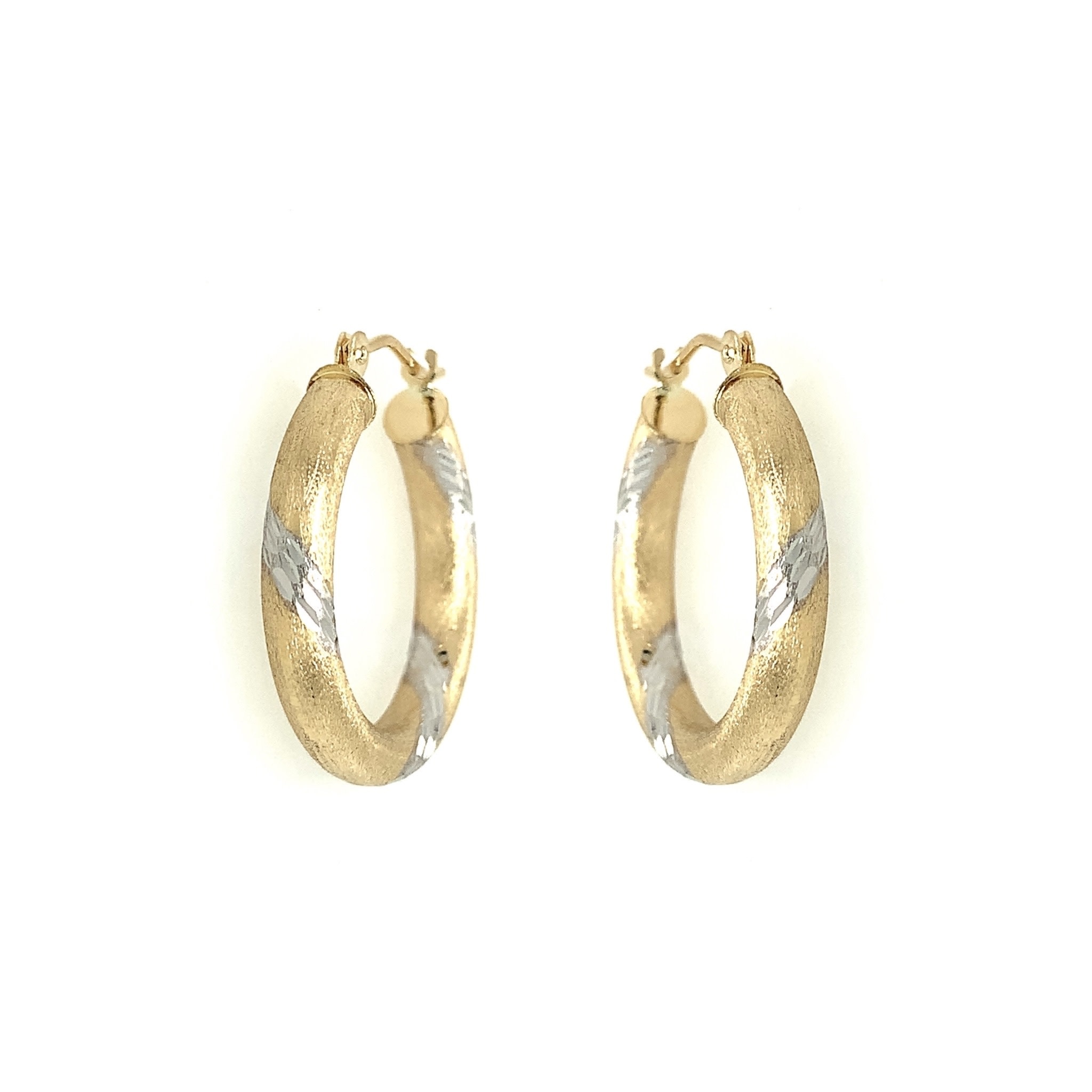 30698 14K 2 TONE 0.75” 3MM SATIN FINISH DIAMOND CUT SMALL HOOPS
