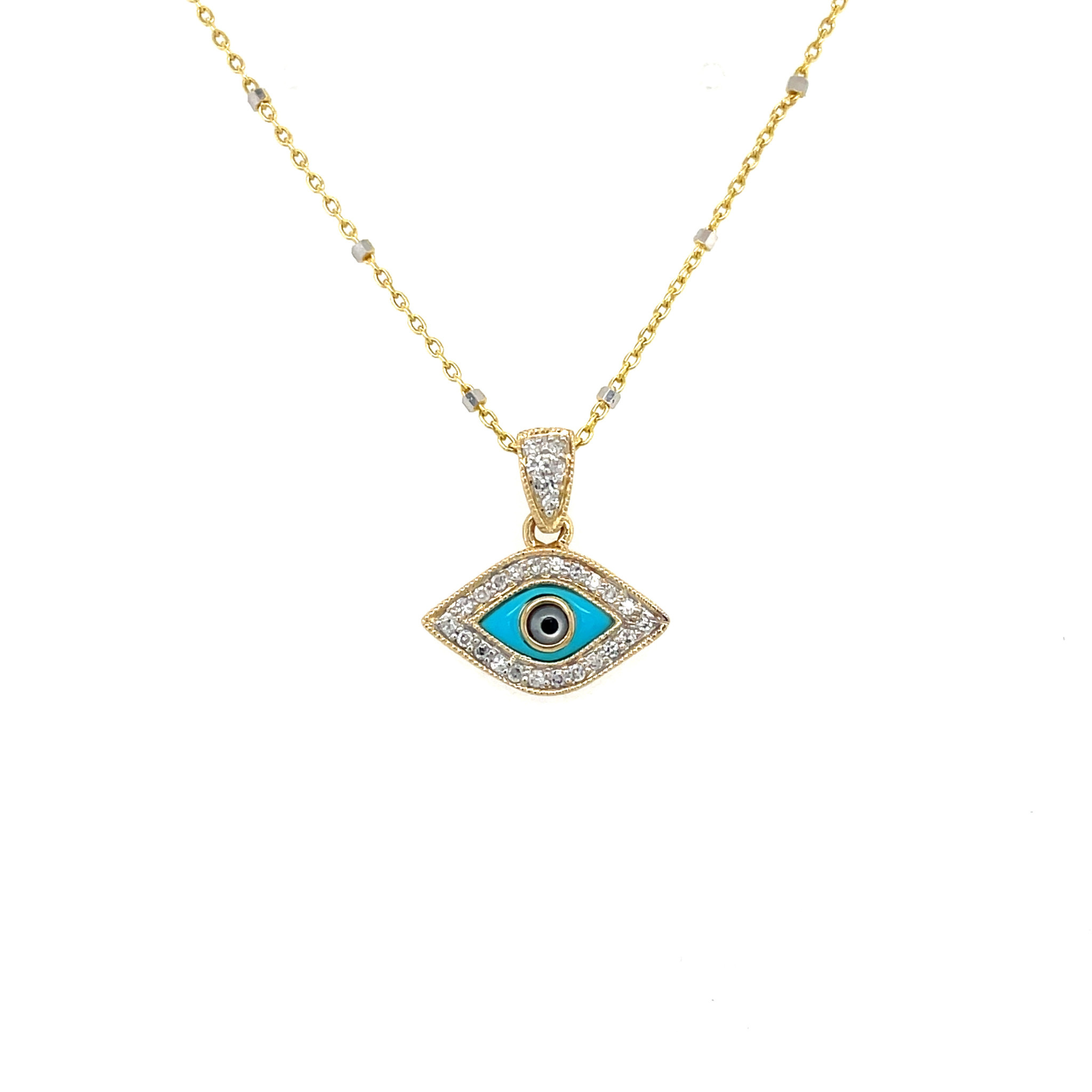 70185 14K YELLOW GOLD .15TCW DIAMOND AND TURQUOISE MILGRAIN DESIGN MARQUIS SHAPE EVIL EYE PENDANT SET 70185 14K YELLOW GOLD .15TCW DIAMOND AND TURQUOISE MILGRAIN DESIGN MARQUIS SHAPE EVIL EYE PENDANT SET