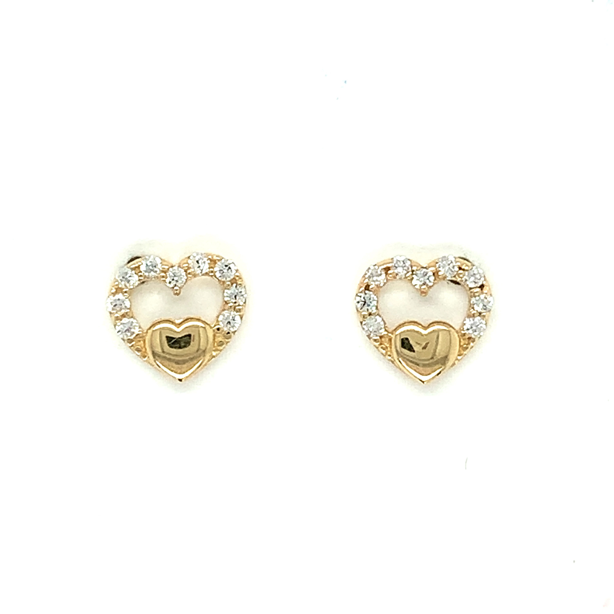 30712 14K YELLOW GOLD HIGH POLISH AND CUBIC ZIRCONIA DOUBLE OPEN HEART PUSH BACK STUDS