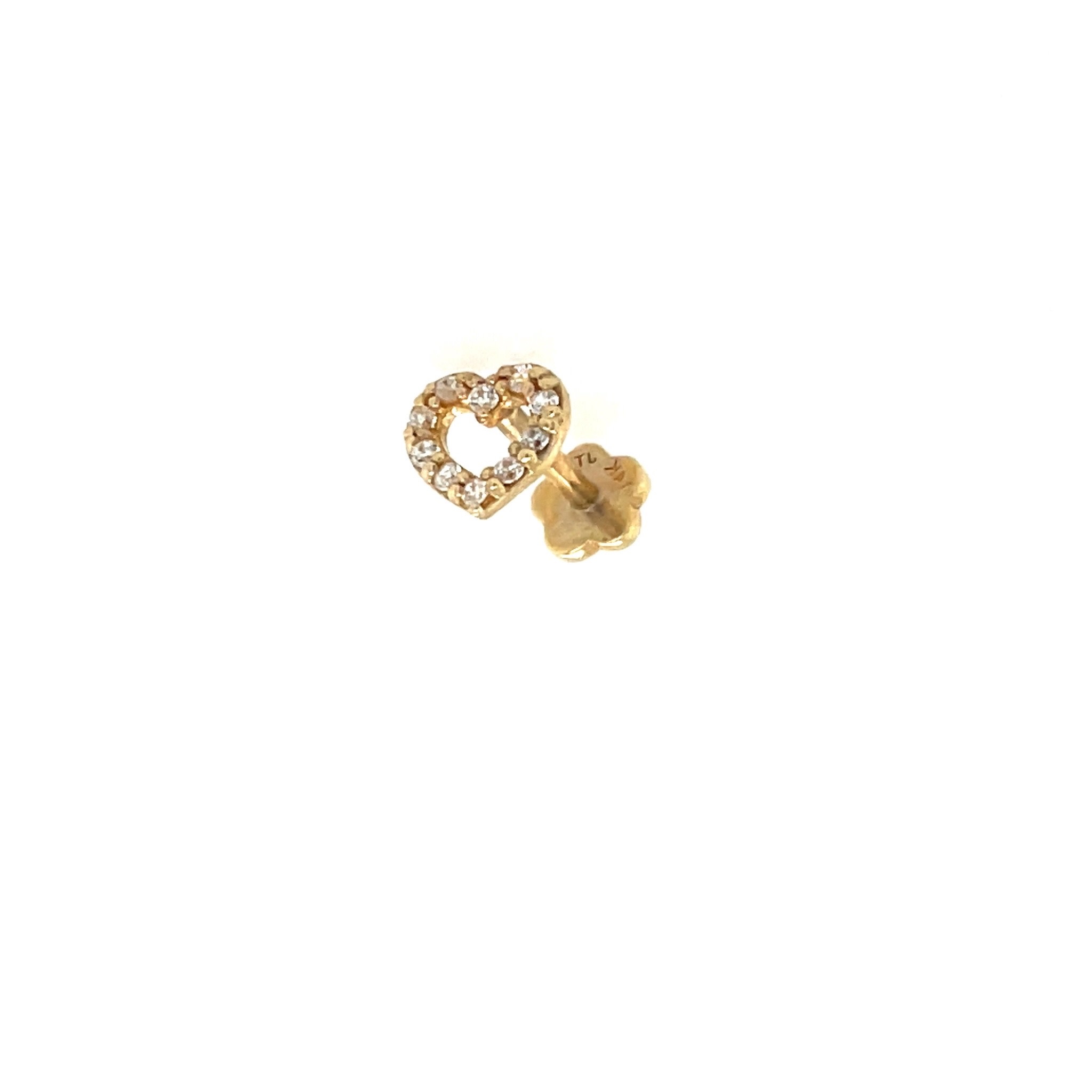 30706 14K YELLOW GOLD OPEN HEART CUBIC ZIRCONIA CARTILAGE SCREW ON STUD