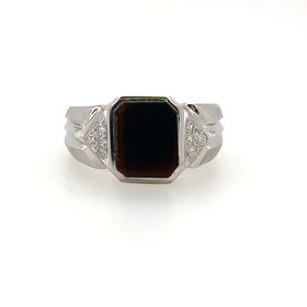 45043 14K WHITE GOLD EMERALD SHAPE ONYX WITH DIAMONDS MENS RING