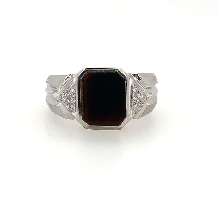 45043 14K WHITE GOLD EMERALD SHAPE ONYX WITH DIAMONDS MENS RING
