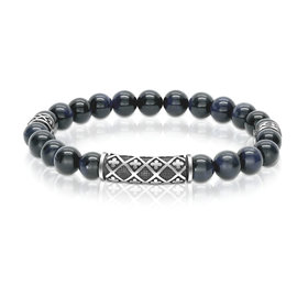 BB-77 STAINLESS STEEL BLACK IP CROSS DESING BLUE TIGER EYE BEADS BRACELET